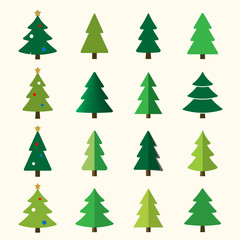 Christmas tree cartoon icons set. Green silhouette decoration trees signs, isolated on white background. Flat design. Symbol of holiday, winter, Christmas celebration, New Year Vector illustration