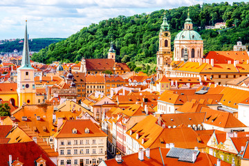 Naklejka premium Cityscape top view on the lesser town with saint Nicholas cathedral in Prague