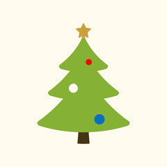 Christmas tree with balls, star. Cartoon icon. Green silhouette decoration sign, isolated on white background. Flat design. Symbol of holiday, Christmas, New Year celebration. Vector illustration