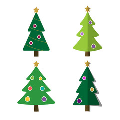 Christmas tree cartoon icons set. Green silhouette decoration trees signs, isolated on white background. Flat design. Symbol of holiday, winter, Christmas celebration, New Year Vector illustration