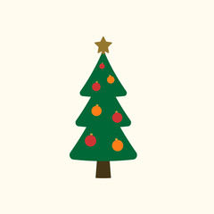 Christmas tree with balls, star. Cartoon icon. Green silhouette decoration sign, isolated on white background. Flat design. Symbol of holiday, Christmas, New Year celebration. Vector illustration