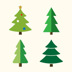 Christmas tree cartoon icons set. Green silhouette decoration trees signs, isolated on white background. Flat design. Symbol of holiday, winter, Christmas celebration, New Year Vector illustration