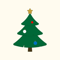 Christmas tree with balls, star. Cartoon icon. Green silhouette decoration sign, isolated on white background. Flat design. Symbol of holiday, Christmas, New Year celebration. Vector illustration