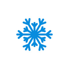 Snowflake icon. Blue silhouette snow flake sign, isolated on white background. Flat design. Symbol of winter, frozen, Christmas, New Year holiday. Graphic element decoration. Vector illustration