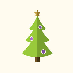 Christmas tree with balls, star. Cartoon icon. Green silhouette decoration sign, isolated on white background. Flat design. Symbol of holiday, Christmas, New Year celebration. Vector illustration