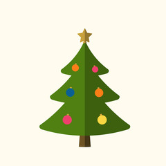 Obraz premium Christmas tree with balls, star. Cartoon icon. Green silhouette decoration sign, isolated on white background. Flat design. Symbol of holiday, Christmas, New Year celebration. Vector illustration