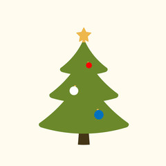 Christmas tree with balls, star. Cartoon icon. Green silhouette decoration sign, isolated on white background. Flat design. Symbol of holiday, Christmas, New Year celebration. Vector illustration