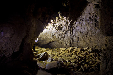 Natural speleothem stalactites and stalagmites in Nizhneshakuranskaya cave, Abkhazia, Georgia