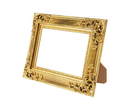 empty gold photo frame isolated on white