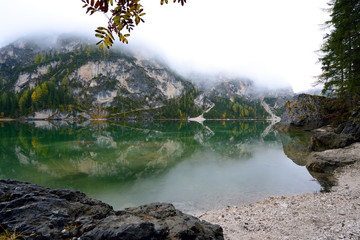 Lake Braies known as Lago di Braies.