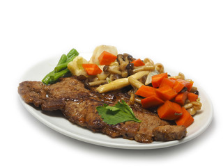 Beef Steak with vegetables, Carrot, Mushroom, Lentils, Isolated.