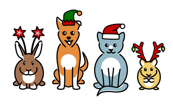 Four cute pet animals wearing Christmas novelty hats