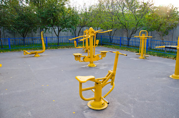 Different sport equipment in a city park