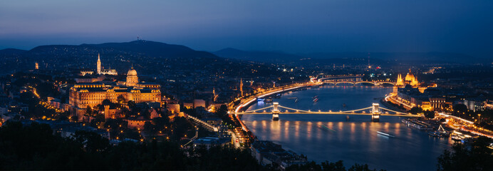 Panoramic View of Budapest, Danube River and Buda Palace from Gellert Hill Lookout Point after sunset