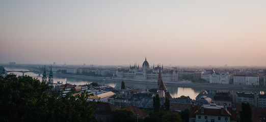 Budapest morning sunrise view panorama. View from fishermen bastion.