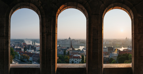Budapest morning sunrise view panorama. View from fishermen bastion tower. © mykolastock