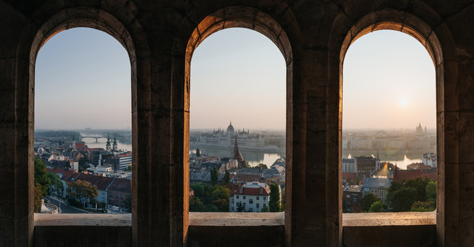 Budapest morning sunrise view panorama. View from fishermen bastion tower.