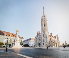 Fototapeta na wymiar St. Matthias church morning sunrise scenic view panorama in Budapest, Hungary
