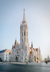 Fototapeta na wymiar St. Matthias church morning sunrise scenic view panorama in Budapest, Hungary