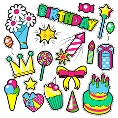 Fashion Badges, Patches, Stickers Birthday Theme. Happy Birthday Party Elements in Comic Style with Cake, Balloons and Gifts. Vector illustration