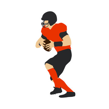 American Football Player Running while Holding Ball. Team sport