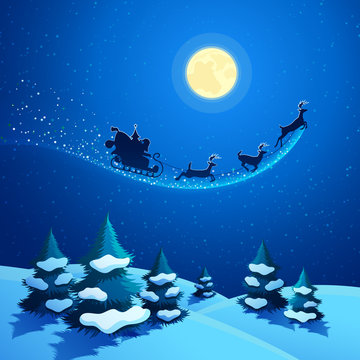 Merry Christmas Nature Landscape with Santa Claus Sleigh and Reindeers on the Moonlit Sky. Winter Holidays Greeting Card. Vector background