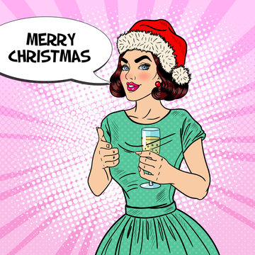 Pop Art Beautiful Woman in Santa Hat with Glass of Champagne on Christmas Eve. Vector illustration