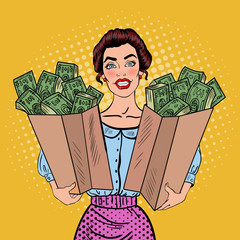 Pop Art Happy Rich Woman Holding Bags with Money. Vector illustration