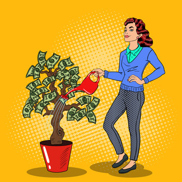 Pop Art Smiling Rich Woman Watering Money Tree. Vector Illustration