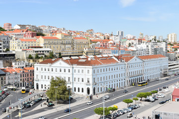 Fototapeta na wymiar Lisbon old city with Santa Apolonia railway station. City view from cruise terminal.