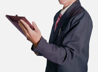 Businessman / View of businessman holding document file on white background.
