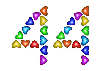 Number 44, forty four of colorful hearts on white