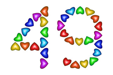 Number 49, forty nine of colorful hearts on white