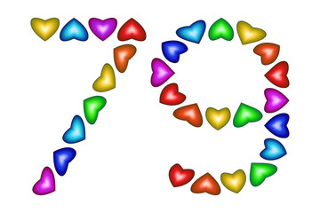 Number 79 seventy nine of colorful hearts on white