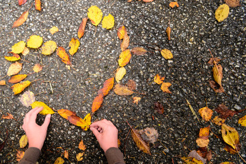 Autumn leaves heart on sidewalk. Woman make colour autumn heart from autumn leaves.  Autumn leaves with love background. 