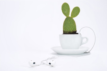 Cup of tea with plant and headphone