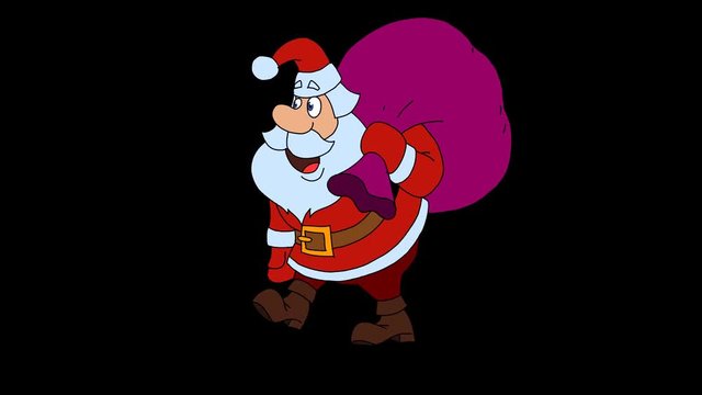 Hand-drawn animation santa claus goes with a bag of gifts