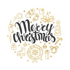 Vector Christmas card with christmas elements. Perfect design for posters, flyers, banners, cards. Xmas design. Handwritten modern brush lettering. Hand drawn doodle design elements.