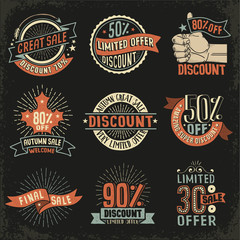 Vintage retro signs emblem for discounts, sales - color version on a black background. Vector layered illustration.