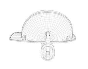 Wireframe of 3d model safety helmet with earphones isolated on the white background.