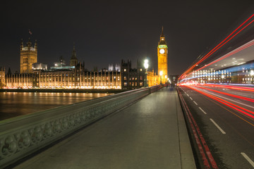 Fototapeta na wymiar Light trails over Westminster Bridge towards Big Ben