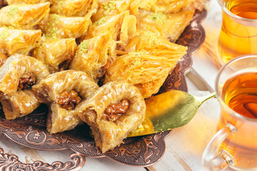  traditional eastern desserts on wooden background