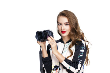 Young cheerful woman taking a picture over white background