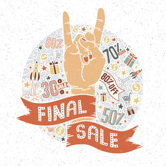 Sale discount, emblem, logo poster in vintage retro hipster style. Heavy metal hand gesture surrounded doodle elements. Vector layered Illustration.