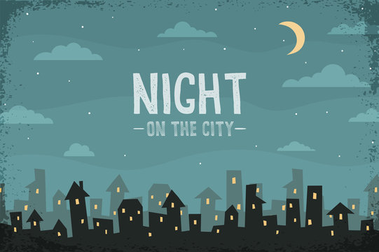 Night panorama of the city in a cartoon style. Silhouettes of houses and roofs, clouds, crescent. Vector  layered illustration.