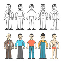 Cartoon man  in  different clothing with different parts of face and hair styles. Black and white and color version.
