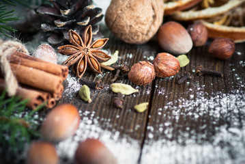 Christmas baking ingredients, spices and nuts