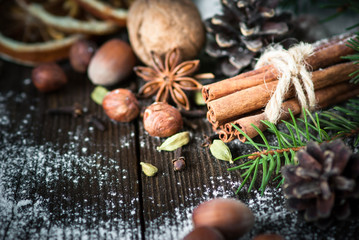 Christmas baking ingredients, spices and nuts