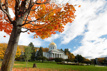 The Vermont State Capital and Colorful Fall Foliage Tree, Montpelier, Vermont, USA. The State House, located in Montpelier, is the state capitol of Vermont