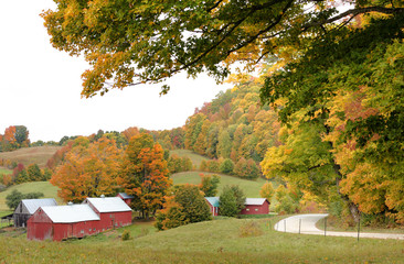 Old Red Barn and Colorful Fall Foliage in Woodstock, Vermont, USA